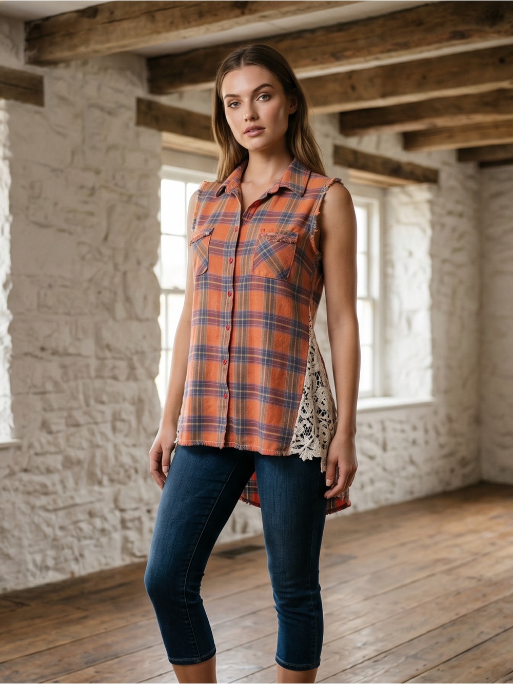 Buckle Orange Plaid Sleeveless Tunic with Lace Side Panels